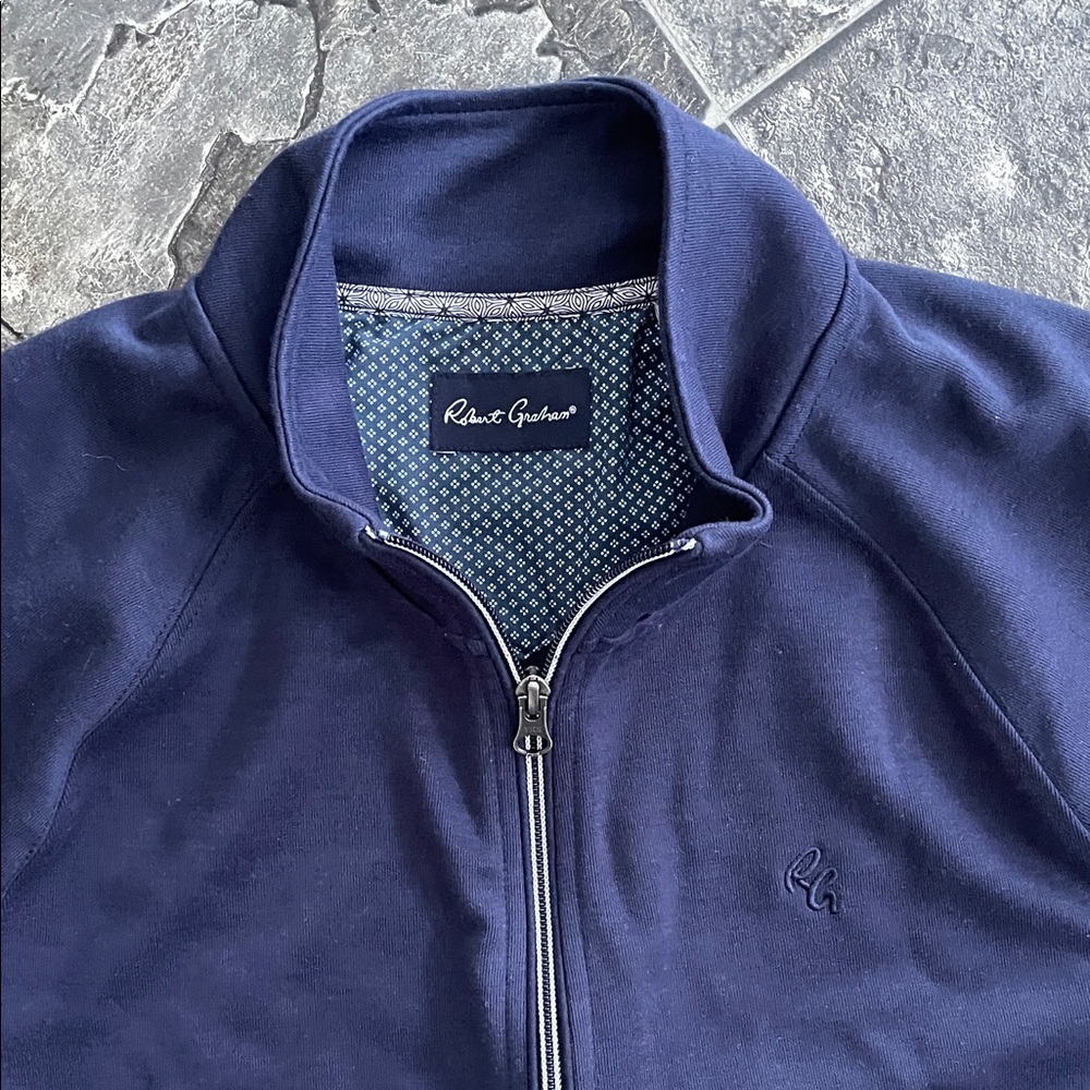ROBERT GRAHAM Navy Blue Zip-up Sweater Preppy Coastal Casual Cottagecore - Picture 6 of 12